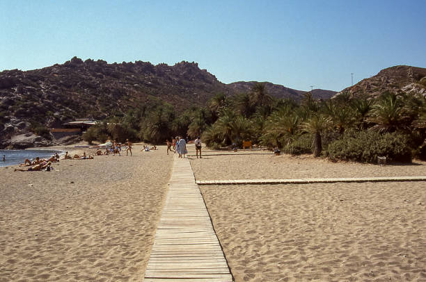 Vai beach, Crete - Aug 11, 1987: Vai beach stretches over a bay in the far east of Crete and is famous for the only natural palm grove in Europe