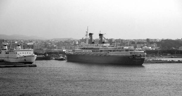 Piraeus, Athens, Greece - aug 14, 1987: the ocean liner Achille Lauro operated as a cruise ship, famous for the 1985 hijacking, before sinking in 1994.