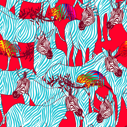 Seamless pattern with zebras and rainbow chameleons, animalistic background illustration