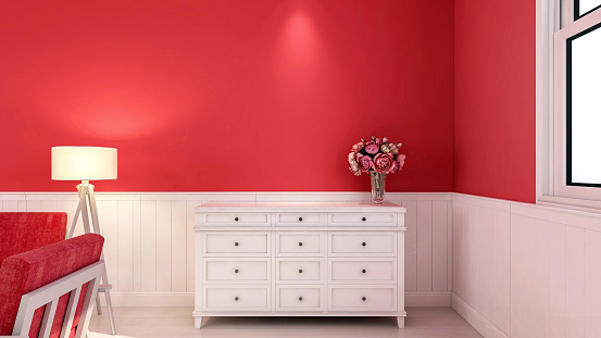 Living room interior in red theme color for Valentines day with copy space on empty wall, 3d rendering
