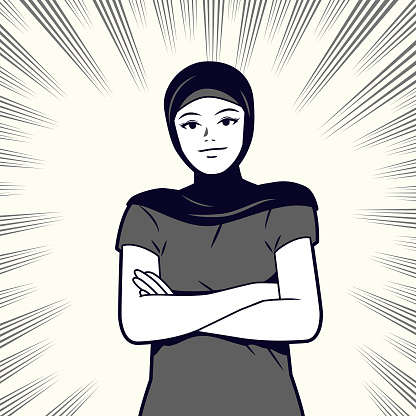Young beautiful Muslim woman with hijab, crossed arms, wearing casual clothes, looking into the distance, front view, comics effects lines background