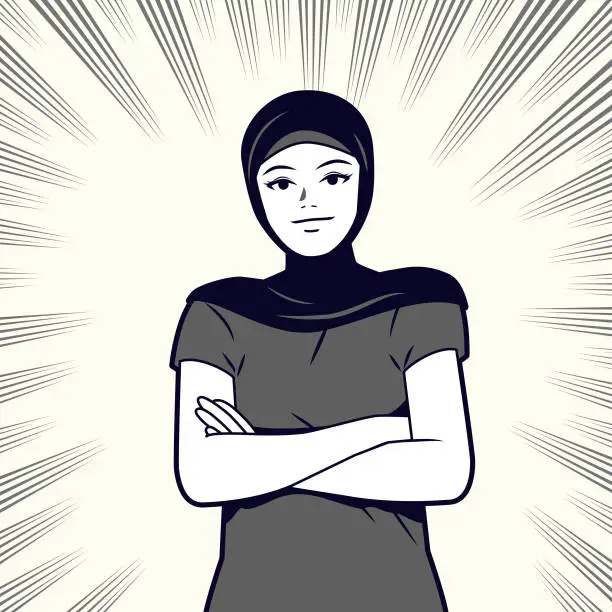 Vector illustration of Young beautiful Muslim woman with hijab, crossed arms, wearing casual clothes, looking into the distance, front view, comics effects lines background