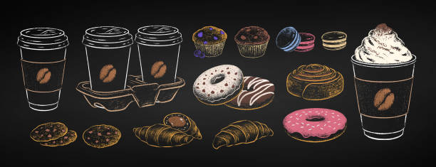 illustrazioni stock, clip art, cartoni animati e icone di tendenza di set gessoso di tazze da caffè da asporto con cibo dolce - coffee muffin take out food disposable cup