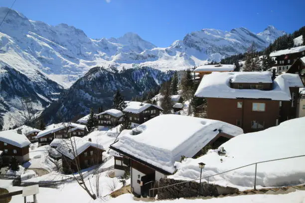 The snow-covered village of Murren in Switzerland