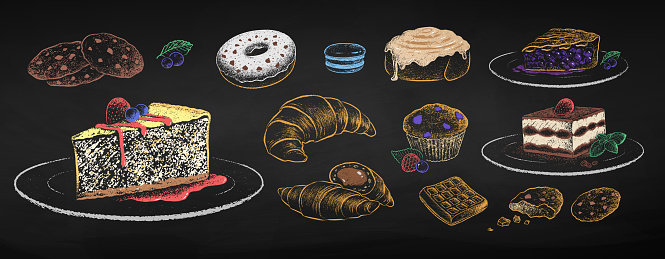 Chalk drawn vector set of desserts and pastries