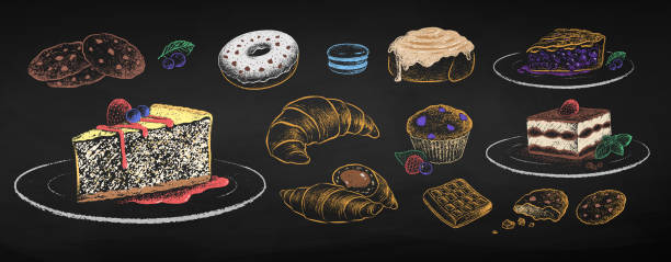 Chalk drawn vector set of desserts and pastries Chalk drawn vector illustrations set of desserts and pastries bakery products. Sweet food objects isolated on black chalkboard background. chocolate chip cookie drawing stock illustrations