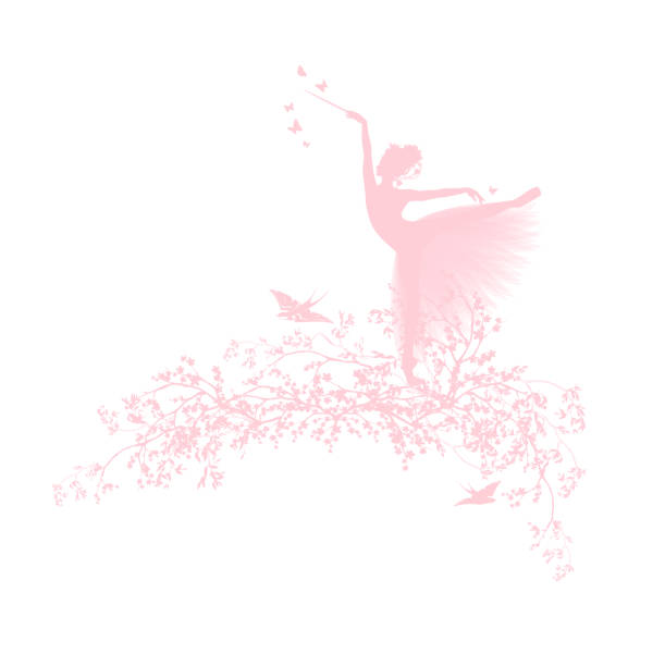 illustrations, cliparts, dessins animés et icônes de branches de fleurs printanières avec des hirondelles volantes et une silhouette vectorielle de princesse de conte de fées dansante - ballet dancer