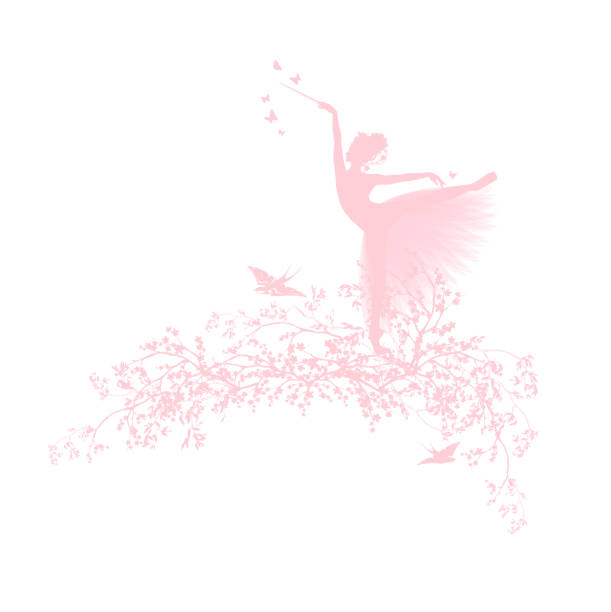 spring blossom branches with flying swallows and dancing fairy tale princess ballerina vector silhouette blooming spring season tree branches, dancing fairy tale princess wearing ballet tutu and flying swallow birds vector silhouette copy space design fairy wings stock illustrations