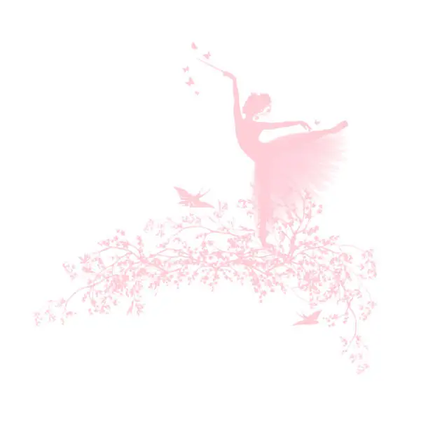 Vector illustration of spring blossom branches with flying swallows and dancing fairy tale princess ballerina vector silhouette