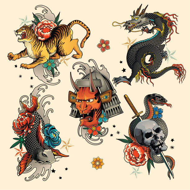 ilustraciones, imágenes clip art, dibujos animados e iconos de stock de conjunto de tatuajes japoneses - tattoo