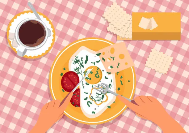 Vector illustration of Hands hold a knife and fork over a plate of scrambled eggs. There is coffee and crackers on the table. Breakfast.