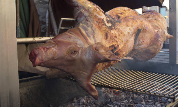 porco inteiro sendo assado - charbroil - fotografias e filmes do acervo