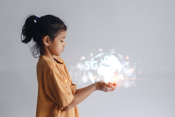 istock Child girl looking digital global connection 5g communication. globe network on a hand of little girl. worldwide digital innovation technology new communication of future. 1369336872