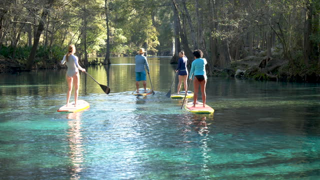 Eco tour group of three women with guide on paddleboards