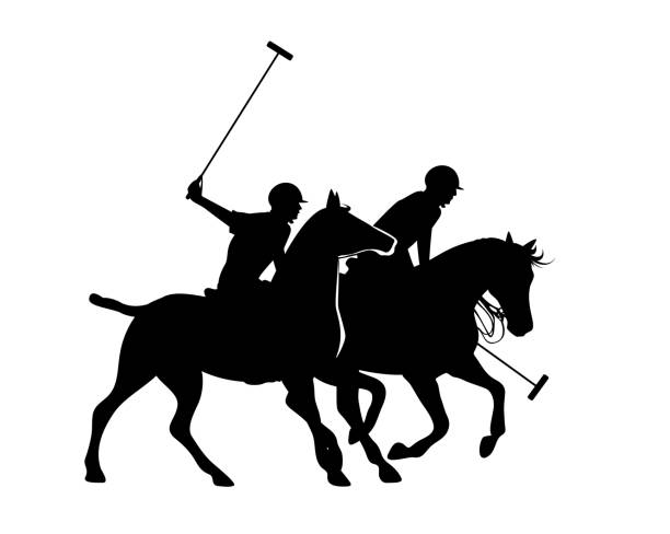 dwóch dżokejów jeżdżących na koniach polo sport kucyki czarno-biała sylwetka wektorowa - horizontal black and white toned image two people stock illustrations