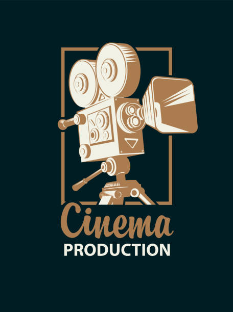 banner for Cinema production with old movie camera Vector icon or logo with old-fashioned video camera or movie projector and the inscription Cinema production on a black background. Suitable for advertising banner, poster, sticker, flyer, ticket camera engraving old retro revival stock illustrations