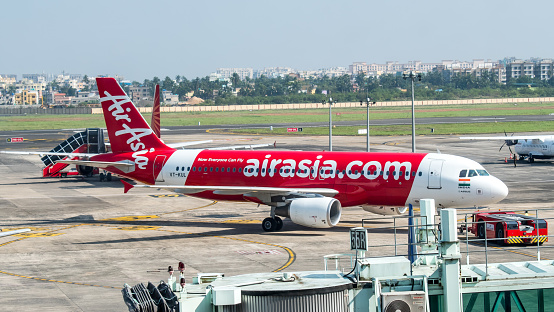 Kolkata - 05 Feb, 2022 - Aircraft of Capital A Berhad, operating as AirAsia is a Malaysian multinational low cost airline