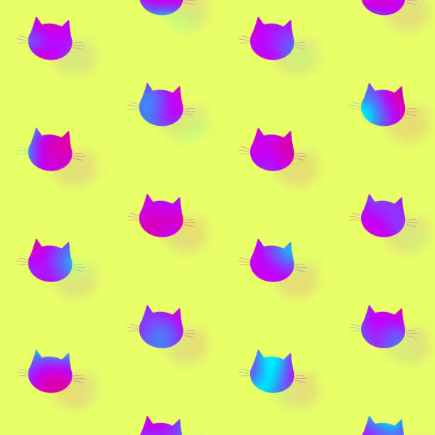 istock Cat heads pattern in vibrant gradient holographic neon colors. Concept art. Minimal surrealism background. Seamless pattern with cat faces. Top view 1369340554