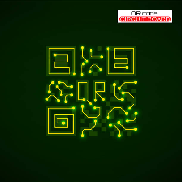 회로 기판 로고가 있는 qr 코드입니다. 기술 코드, 바코드 식별 - qr code coding technology luminosity stock illustrations