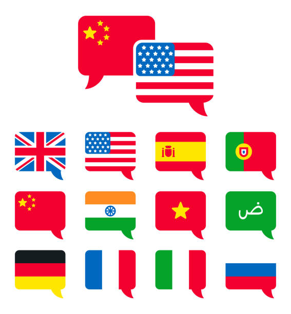 Language speech bubble icons Popular languages speech bubble icons. Country flags set in flat vector style. Translation, communication and international dialogue. china digital flag stock illustrations