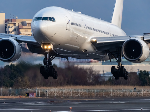 Portland, Oregon, USA - January 6, 2024: An Amazon Prime Air Boeing 767 comes in for landing on runway 28L at Portland International Airport.