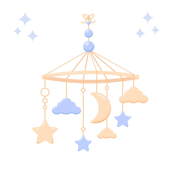 Mobile for crib new born Baby rattle, hanging baby toy, mobile for crib new born. Toy Stars, moon, clouds. Pastel colors. Products for children. Element for nursery decoration, kids clothes. Cartoon vector illustration hanging mobile stock illustrations