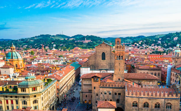 Aerial view of Bologna Cathedral and towers above of the roofs of Old Town in medieval city Bologna stock photo