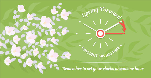 Daylight Saving Time begins concept banner. The clocks moves forward one hour with date and text reminder Daylight Saving Time begins concept banner. The clocks moves forward one hour with date and text reminder to change your clocks. DST begins in USA. Vector illustration with spring flowers daylight saving time stock illustrations