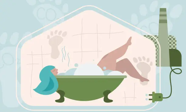 Vector illustration of Carbon footprint concept with women relax in bathroom. Sources polluted the world. Global problem with big emissions co2. Vector green politics illustration in flat design style art