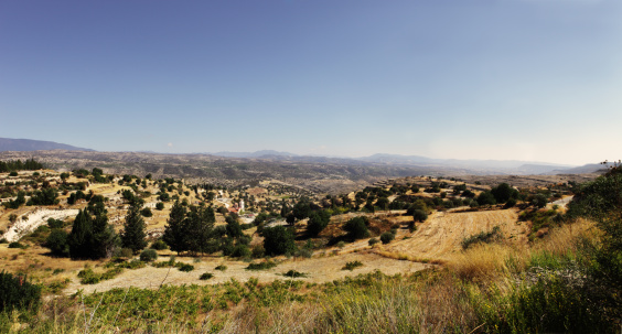 Panorama (stitched images) of the fertile wine growing region at the foothills of the Troodos Mountains, Cyprus