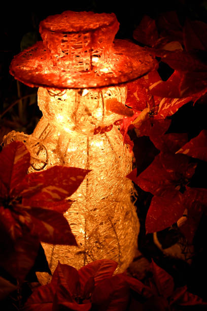 A snowman wearing a hat was shining surrounded by leaves.