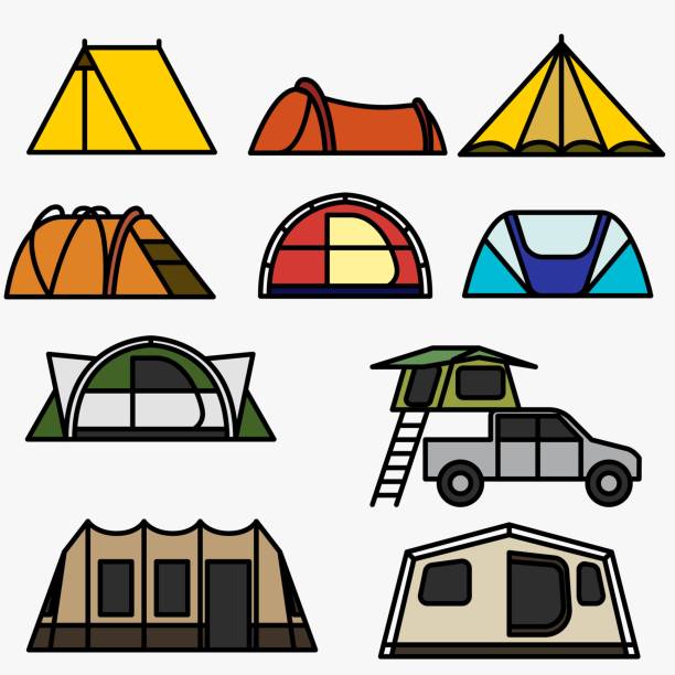 ilustraciones, imágenes clip art, dibujos animados e iconos de stock de contorno de la tienda de campaña dibujando sobre fondo blanco. - tent camping dome tent single object