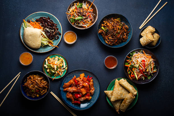 istock Set of Chinese dishes on table space for text 1369348086