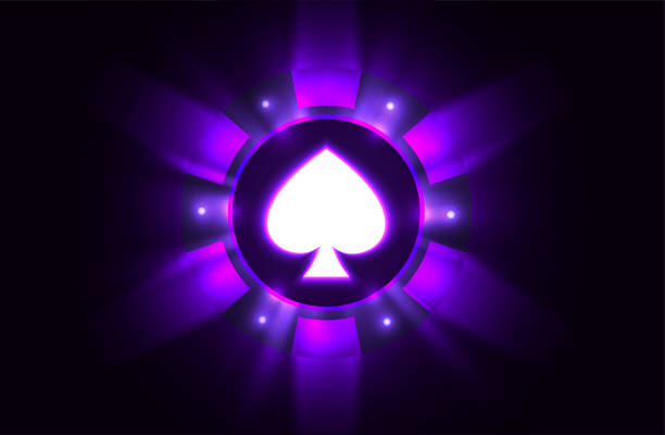 istock Vector luminous purple neon light casino poker chip banner. Dark night gamble background. Poker club text, blackjack or online casino banner 1369349054