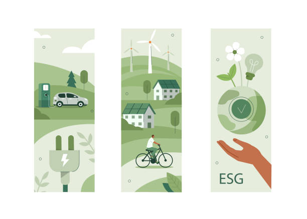 sustainable living set Sustainable living illustration set. ESG, green energy and sustainable industry with windmills and solar energy panels. Environmental, Social, and Corporate Governance concept. Vector illustration. sustainable lifestyle stock illustrations