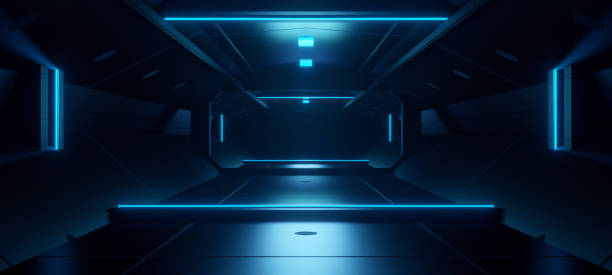 istock Interdimensional SciFi SpacecraftCorridor Hallway Hangar Interior Revolutionary Vibrant with Medium Turquoise Colors Space Age Concept 3D Illustration 1369351476