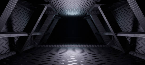 istock Alien Scene Concept Art Metallic Cement Digital Technology Background Cutting Edge Glow Lighting with Light Slate Gray Colors Spaceship Architecture 3D Render 1369351614