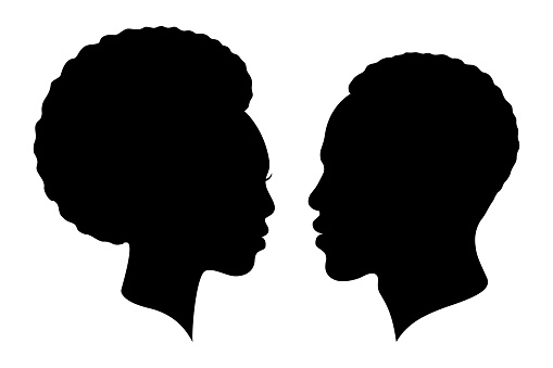 Man and woman heads silhouettes. Male and female profiles isolated on white background. Human heads symbols. Vector illustration