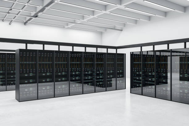 Contemporary server room interior. Datacenter, security and database concept. 3D Rendering. stock photo