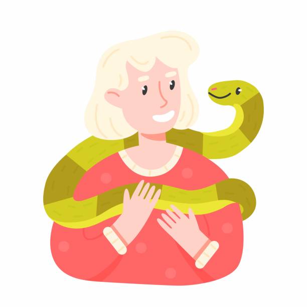 Happy pet owner girl with a snake in cartoon style. Vector illustration of a woman with a pet python. Happy pet owner girl with a snake in cartoon style. Vector illustration of a woman with a pet python pet snake stock illustrations