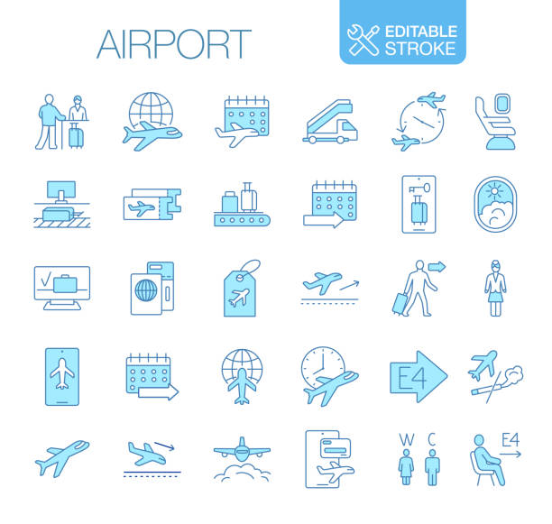 ilustrações de stock, clip art, desenhos animados e ícones de airport icons set editable - vector blue airport arrival departure board