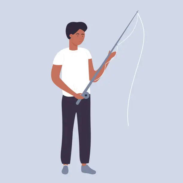 Vector illustration of Cute male teeneger holding a fishing rod