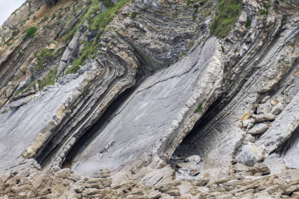 Sedimentary Flysch rocks with folds Sedimentary Flysch rocks with folds in Haizabia, Basque Country, France fault geology stock pictures, royalty-free photos & images