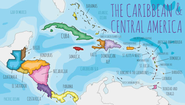 ilustraciones, imágenes clip art, dibujos animados e iconos de stock de mapa político del caribe y centroamérica ilustración vectorial con diferentes colores para cada país. capas editables y claramente etiquetadas. - greater antilles