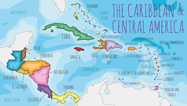 Vector illustration of Political Caribbean and Central America Map vector illustration with different colors for each country. Editable and clearly labeled layers.