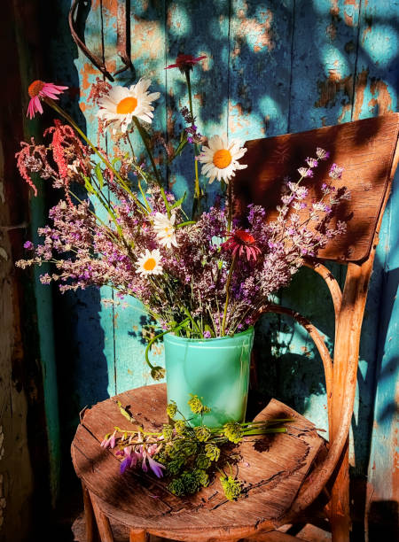 Romantic bouquet with lavender, chamomile, echinocea, astilbe, hosta and parsnip in a retro style in the courtyard against the background of a blue old door