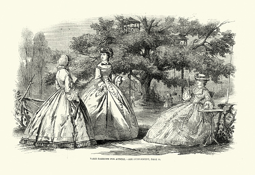 Vintage illustration of Paris women's fashions for August, women's fashion 1860s, Day dresses, 1861,19th Century