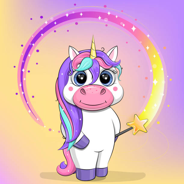 Cute cartoon unicorn with a magic wand. Vector illustration of an animal on a purple background. little cute cartoon fantasy unicorn stock illustrations