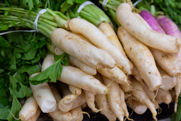 istock White radish displayed for sale at greengrocery 1369364319
