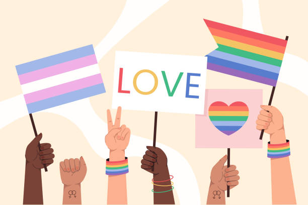 Flat hands hold rainbow flags symbol of LGBT Flat hands hold banner, placard with heart and love on parade. Rainbow and transgender flags symbol of LGBT. Pride month celebration against discrimination, violence. LGBTQ rights protection protest. gay pride symbol stock illustrations